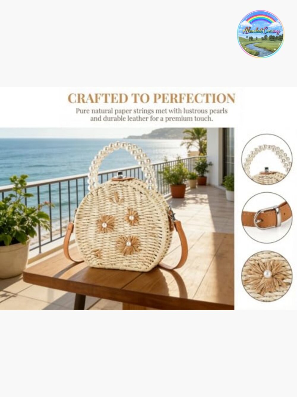Handwoven Round Rattan Straw Crossbody Bag with Pearl Handle - Boho Summer - Picture 5 of 7